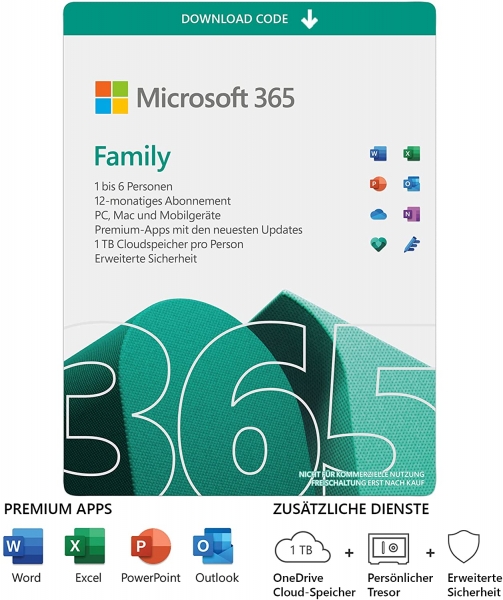 Microsoft Office 365 Family für Mac/Windows, 6 Nutzer, 12-monatiges Abonnement